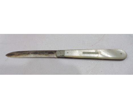 A silver bladed fruit knife with mother-of-pearl clad handle and blank cartouche