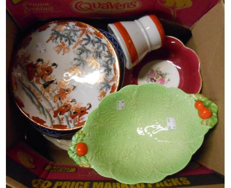 A box containing a quantity of assorted ceramic items including Coalport marshmallow dish, Carltonware leaf dish, Japanese po