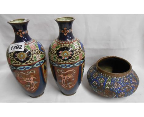 A pair of 19th Century cloisonne vases - sold with a copper vase with jewelled enamel decoration - all three items a/f