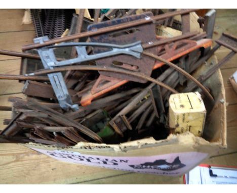 A box containing a quantity of tin plate model railway items including engine, tender, carriages, goods wagons, track, etc.