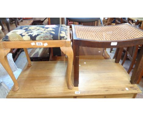 An old stained walnut framed dressing stool with rattan seat panel - sold with a stripped wood similar with upholstered drop-