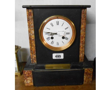 A late Victorian black slate and marble cased mantel clock with Japy Freres eight day bell striking movement