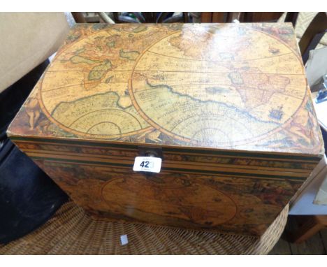 A 46cm modern wood lift-top storage box with applied world map print decoration