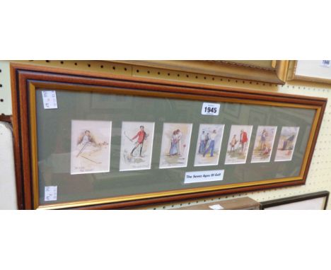 A framed multiple image coloured print entitled 'The Seven Ages of Golf'