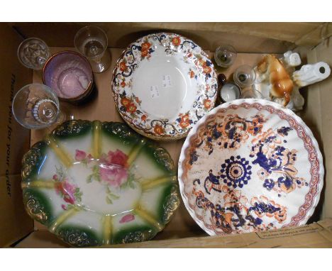 A box containing a quantity of assorted ceramic and glass items including Victorian junket bowl with Imari style decoration, 