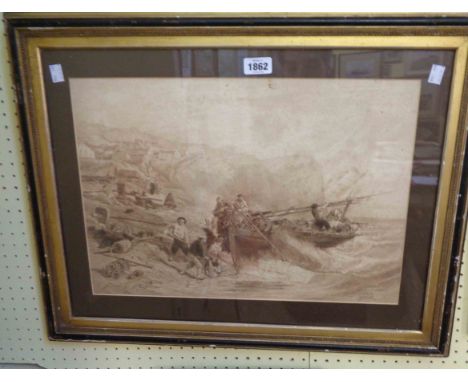 Jules Noel: A Hogarth framed antique sepia print, depicting figures and fishing boat on a shoreline - titled in the image