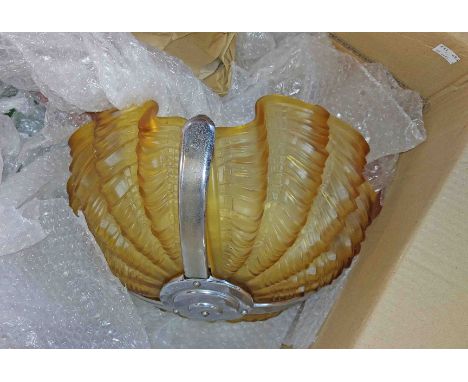 A box containing an Art Deco hanging ceiling lamp with amber glass shell form shades and chrome plated cage - sold with a qua