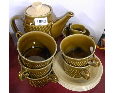 A vintage Stavangerflint (Norway) pottery part tea set comprising coffee pot, five cups and saucers and cream and sugar