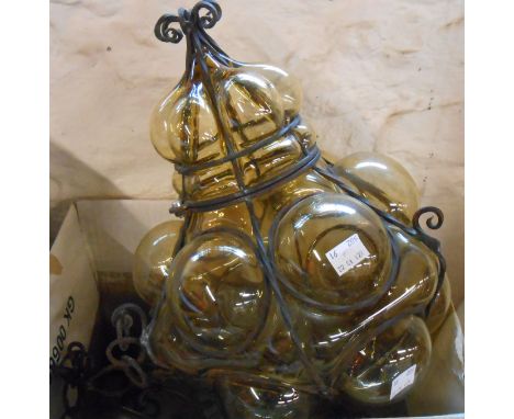 A box containing an iron framed blown bubble glass hanging ceiling lamp and a brass framed hanging lamp with frosted glass pa