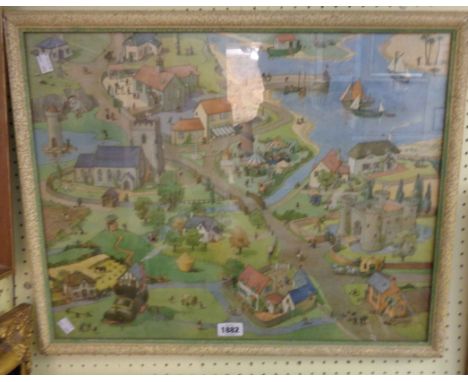A vintage coloured nursery print, depicting a fantasy townscape with various figures and characters