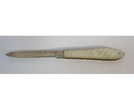 A silver bladed fruit knife with mother-of-pearl clad handle - hairline crack