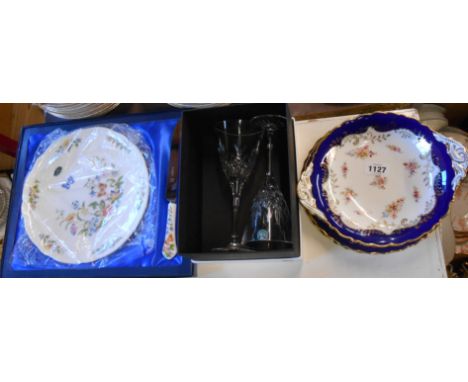 A small quantity of ceramic and glass items comprising Coalport marshmallow dish and two dessert plates with decorative blue 
