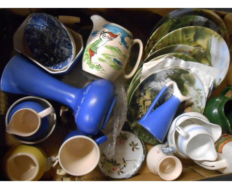 A box containing a quantity of assorted ceramic items including Devonmoor Wee Wee pixie jug and pixie figurines, Goebel rabbi