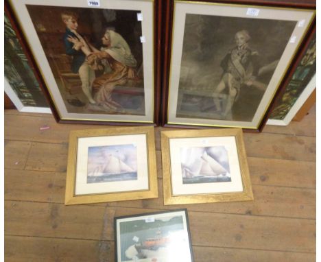 A selection of framed coloured and other prints including monochrome portrait of Admiral Lord Nelson and a Victorian style co