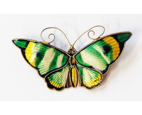 David Andersen: a 5.3cm vintage green, yellow and black enamelled butterfly pattern brooch - marked 'David - Andersen, Norway