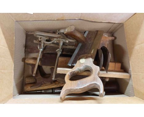A box containing a quantity of assorted tools including saws, Stanley No. 50 plane, etc.