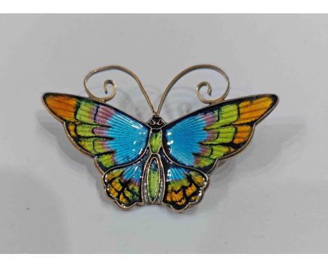 David Andersen: a 4.3cm vintage multi-coloured enamelled butterfly pattern brooch - marked 'David-Andersen, Norway, Sterling,