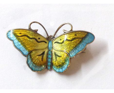 Hroar Prydz: a 3.5cm vintage yellow, turquoise and speckled enamelled butterfly pattern brooch - marked 'Sterling, 925S, (cir