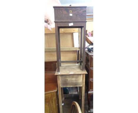 A small vintage oak work box, set on slender square supports - sold with another a/f