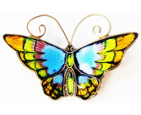 David Andersen: a 6cm vintage white and black enamelled butterfly pattern brooch - marked 'David-Andersen, Norway, Sterling, 