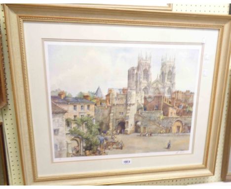 G.R. Sturgeon: a gilt framed large format signed limited edition coloured print, depicting a view of York Cathedral - 219/850