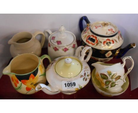 A small quantity of ceramic items including Paragon Sunset teapot, cream and sugar, Crown Devon Art Deco painted jug, etc.