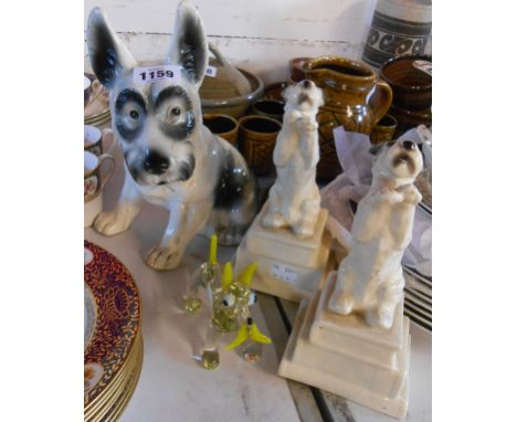 A small selection of ceramic and glass items comprising pair of Art Deco dog form ceramic bookends, a large pottery terrier f