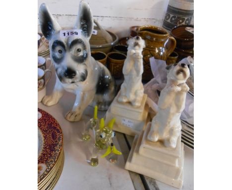 A small selection of ceramic and glass items comprising pair of Art Deco dog form ceramic bookends, a large pottery terrier f