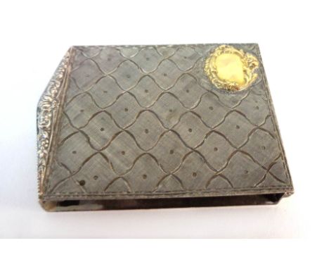 A marked 800 grade continental white metal hinged card holder with engine turned decoration and applied yellow metal cartouch