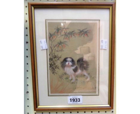 A framed Oriental watercolour on textile, depicting a dog and blossom, with red seal stamp