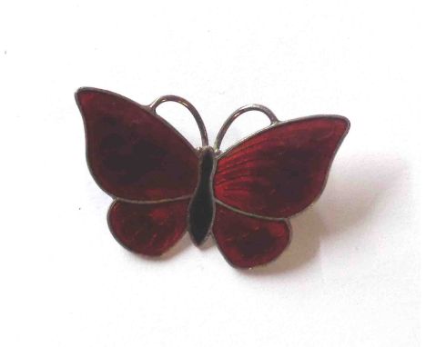 Volmer Bahner: a 3.5cm vintage red and black enamelled butterfly pattern brooch - marked 'VB, Sterling, Denmark'