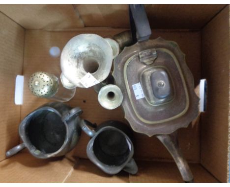 A box containing a quantity of silver plated items including teapot, casters and small epergne, etc.