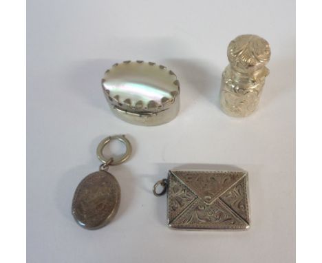 A marked 'sterling silver' envelope pattern fob stamp case, locket, scent bottle and an Italian mother-of-pearl topped pill b