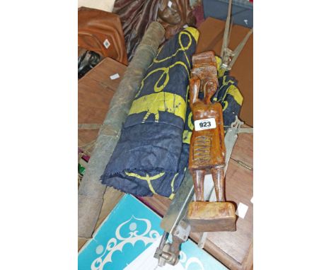 A small quantity of collectable items comprising African carved wood figure, old leather arrow quiver, vintage music stand an
