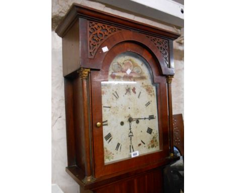 A 19th Century mahogany and oak longcase clock, with 32cm painted arched dial, blind fretwork decoration to hood and eight da