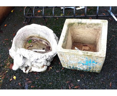 A small square concrete planter with woven effect sides - sold with another in the form of a recumbent deer