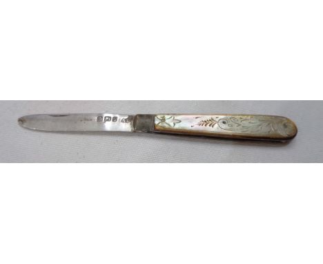 A silver bladed fruit knife with decorative mother-of-pearl clad handle