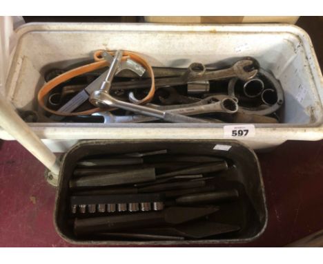 A tub and a tin containing a quantity of spanners, sockets, punches and other tools