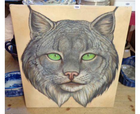 A large unframed stretchered oil on canvas depicting a portrait of a cat