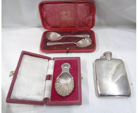 A silver hip flask with engraved gymkhana text - sold with a cased caddy spoon and cased pair of shell bowl spoons