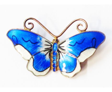 OPRO: a 4.5cm vintage blue and white enamelled butterfly pattern brooch - marked 'Norway Sterling'