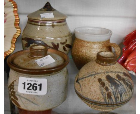 Four studio pottery items comprising Jeremy Leach Lowerdown Pottery lidded jar, Lowerdown Pottery mug and preserve pot and an