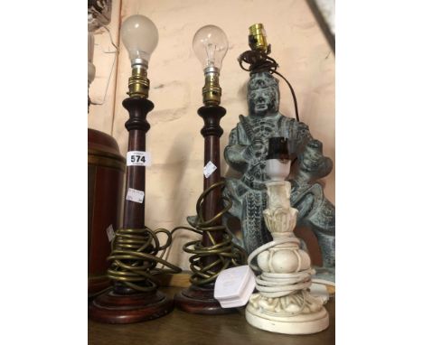 A pair of turned wood table lamps of candlestick form - sold with a vintage plaster table lamp