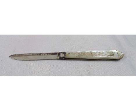 A silver bladed fruit knife with decorative mother-of-pearl clad handle - hairline crack