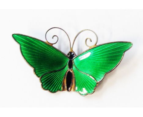 David Andersen: a 5.3cm vintage green and black enamelled butterfly pattern brooch - marked 'D-A, 925S, (scales mark), Norway