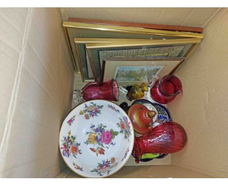 A box containing a quantity of assorted ceramic and glass items including large Caverswall bone china bowl, cranberry glass j