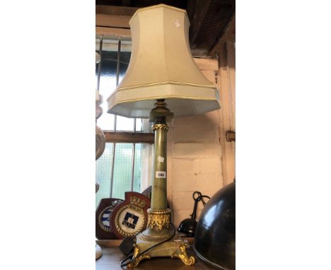 An old onyx table lamp of column form with ormolu and champleve enamel fittings