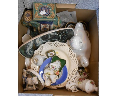 A box containing a quantity of assorted ceramic items including modern Chinese small elephant seat, etc.