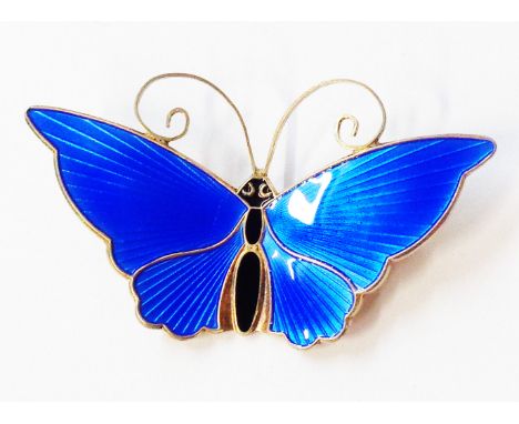 David Andersen: a 5.3cm vintage blue and black enamelled butterfly pattern brooch - marked 'D-A, 925S, (scales mark), Norway-
