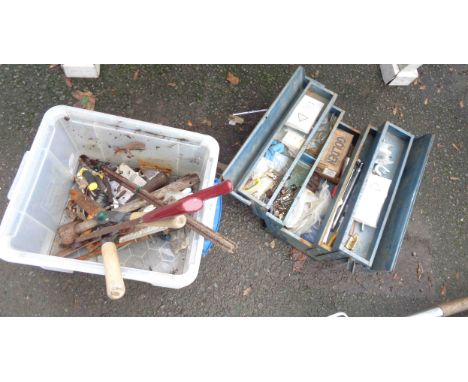 A vintage cantilever tool box containing a quantity of assorted tools including spanners, sockets, etc. - sold with a crate c